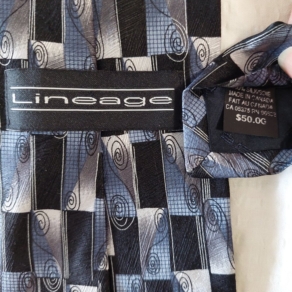 Lineage grey and blue geometric patterned 100% Canada silk tie 4"